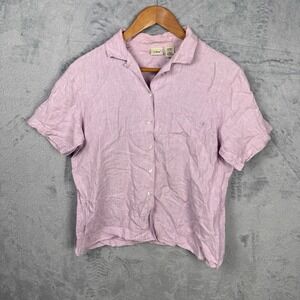 L.L. Bean Women's Pink 100% Linen Short Sleeve Button Up Shirt LG Preppy Beach